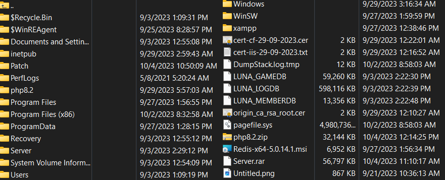 Screenshot showing the root of the server's hard drive