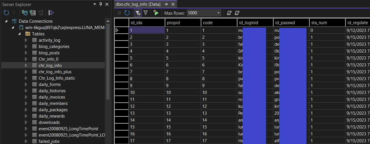 Screenshot showing the server's MSSQL database open to the table containing login details